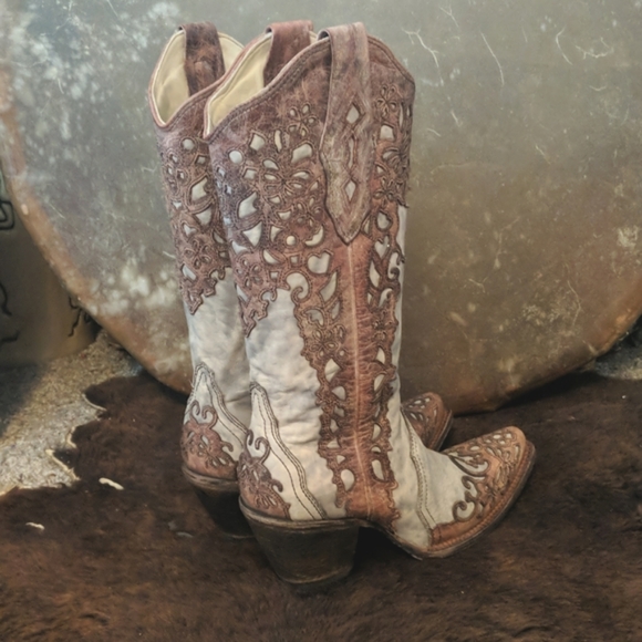 CORRAL A2665 cognac leather lace look overlay cowgirl western boots snip toe 6.5 - Picture 8 of 16